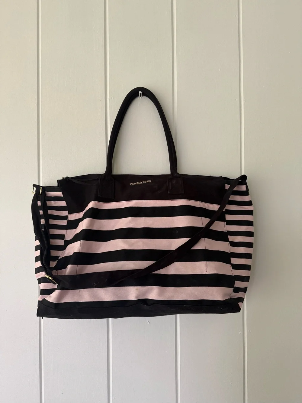 Victoria's Secret Black and Pink Striped Travel Tote